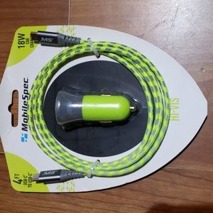 NIB Hi-Vis USB-C Car Charger Kit - 18W Charger & 4ft Cable-MOBILE SPEC- green